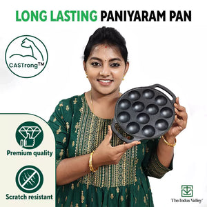 12 Pit/Cup CASTrong Cast Iron Kuzhi Paniyaram/Paddu Pan/Appe Maker+ Free Spatula, Pre-seasoned, 100% Pure, Toxin-free, 21 cm, 2.2 kg
