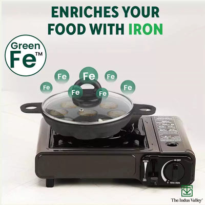 9 Pit/Cup CASTrong Cast Iron Paniyaram/Appe Pan+ Glass Lid, Pre-seasoned, Natural Nonstick, 100% Pure, Toxin-free, 21 cm, 2.7 kg