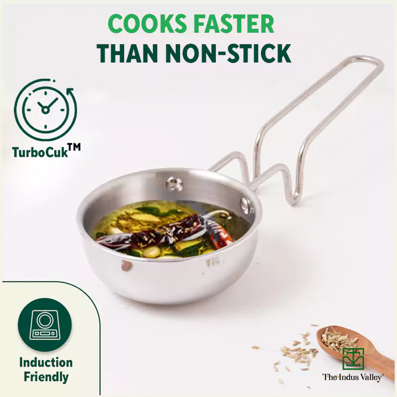 TurboCuk Triply Stainless Steel Tadka Pan for Spice Seasoning/Heating, Premium Quality, 3 Layer Thick Body, 100% Toxin-free, Non-stick, Induction & Gas, 12cm, 300ml