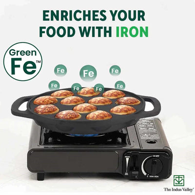 12 Pit/Cup CASTrong Cast Iron Kuzhi Paniyaram/Paddu Pan/Appe Maker+ Free Spatula, Pre-seasoned, 100% Pure, Toxin-free, 21 cm, 2.2 kg