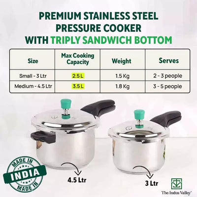 QuicKooker Stainless Steel Pressure Cooker, Premium Quality, Tri-ply (3 Layer) Heavy Bottom, 100% Safe, ISI Certified, 3 Yr Warranty, Induction & Gas, 3/4.5L
