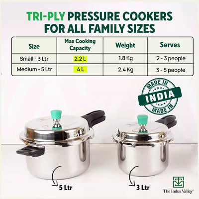 3L+5L RapidCuk Tri-ply Stainless Steel Pressure Cooker Combo+ Free ₹600 Wood Chopping Board, Premium Quality, 3 Layer Thick Body, Heavy Bottom, 5Yr Warranty, ISI Certified, Induction & Gas