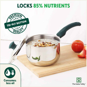 Tri-steel Stainless Steel Tea/Milk Pan with Spout & Glass lid, Premium Quality, Tri-ply (3 Layer) Bottom, 100% Toxin-free, Non-stick, Induction & Gas, 1 Litre