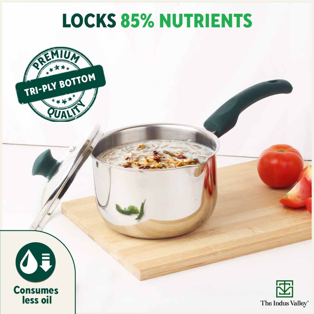 Tri-steel Stainless Steel Tea/Milk Pan with Spout & Glass lid, Premium Quality, Tri-ply (3 Layer) Bottom, 100% Toxin-free, Non-stick, Induction & Gas, 1 Litre