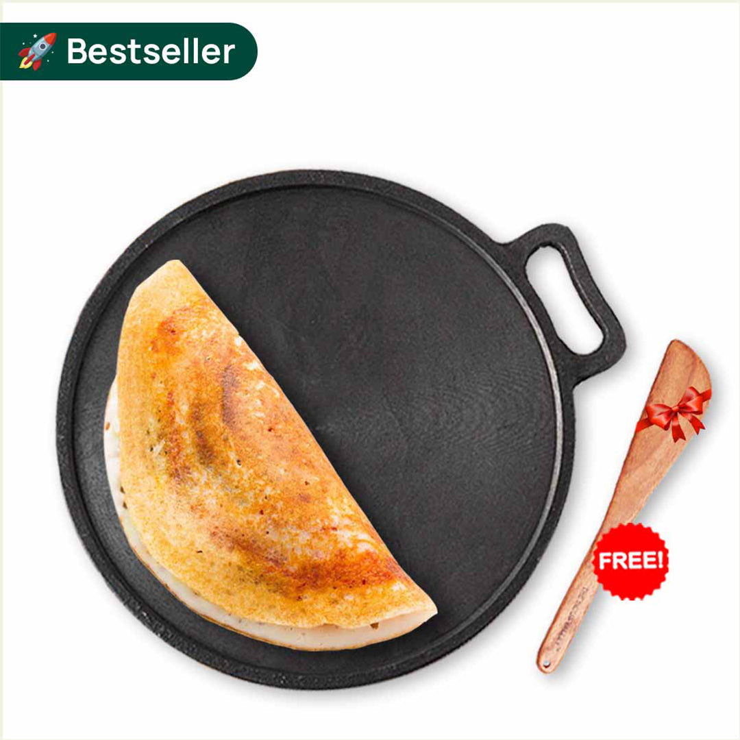 Super Smooth Cast Iron Tawa + Free ₹110 Spatula, Pre-seasoned, Nonstick, 100% Pure, Toxin-free, 30.5cm, 2.3kg