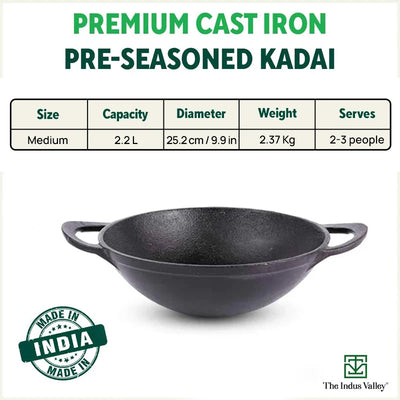 CASTrong Cast Iron Kadai+ Free ₹110 Spatula, Pre-seasoned, Nonstick, 100% Pure, Toxin-free, 25.2cm, 2.2L, 2.37kg