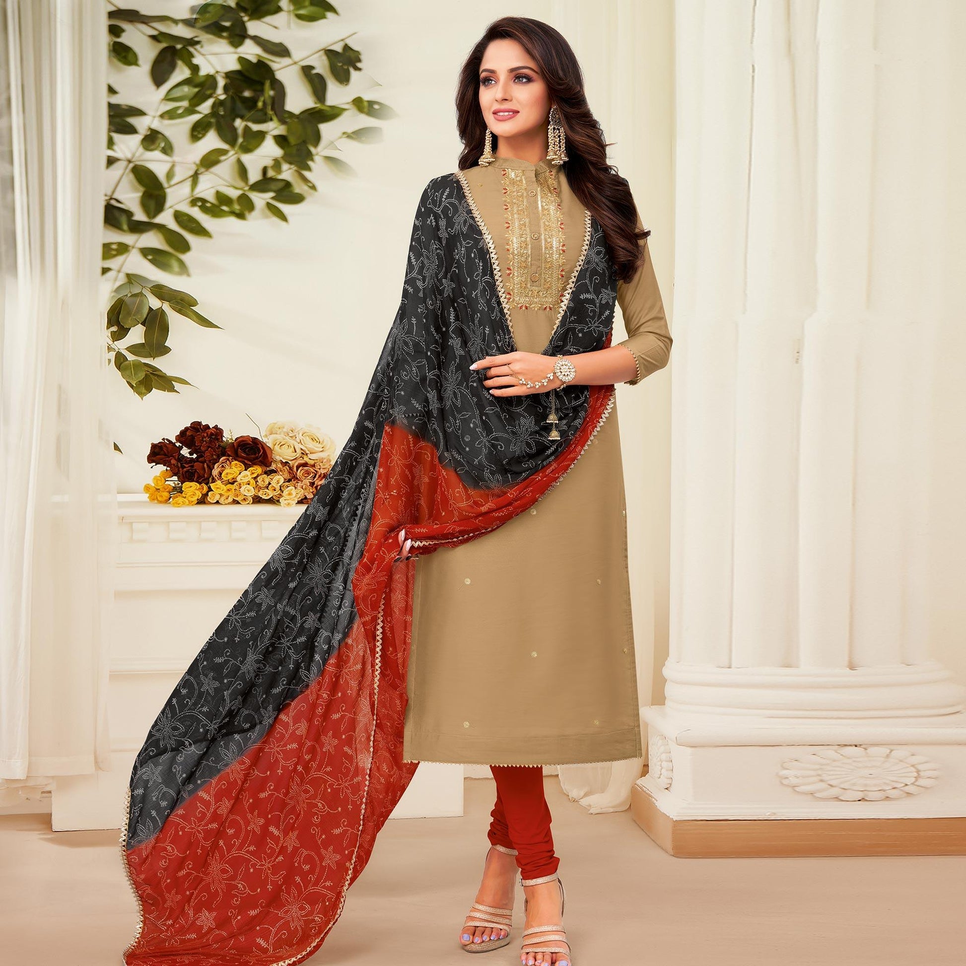 Innovative Beige Colored Casual Wear Embroidered Chanderi Dress Material