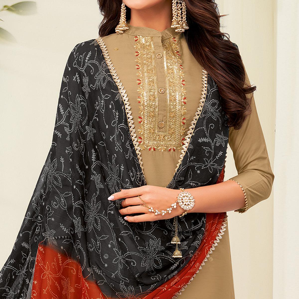 Innovative Beige Colored Casual Wear Embroidered Chanderi Dress Material
