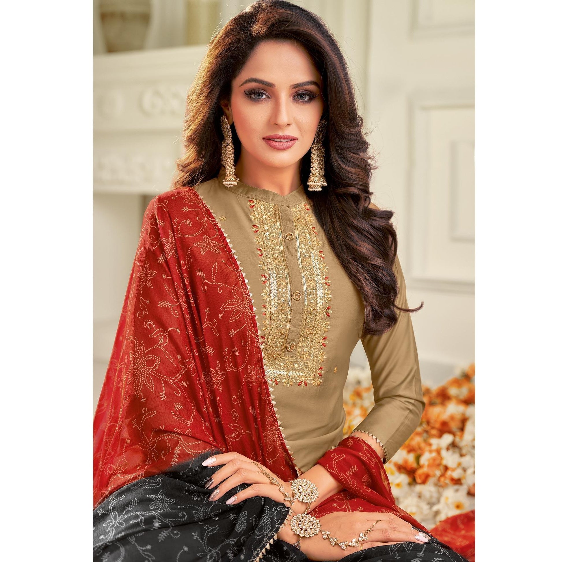 Innovative Beige Colored Casual Wear Embroidered Chanderi Dress Material