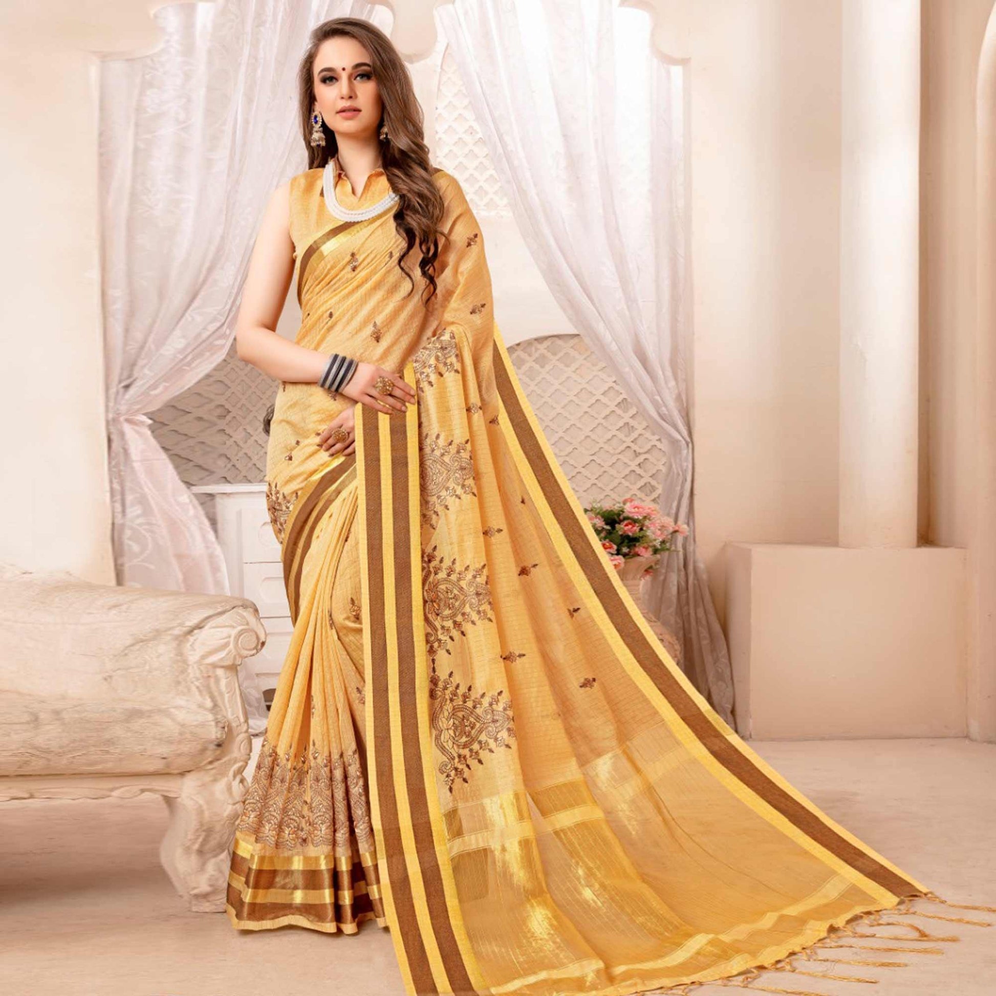 Innovative Beige Colored Festive Printed Art Silk Saree