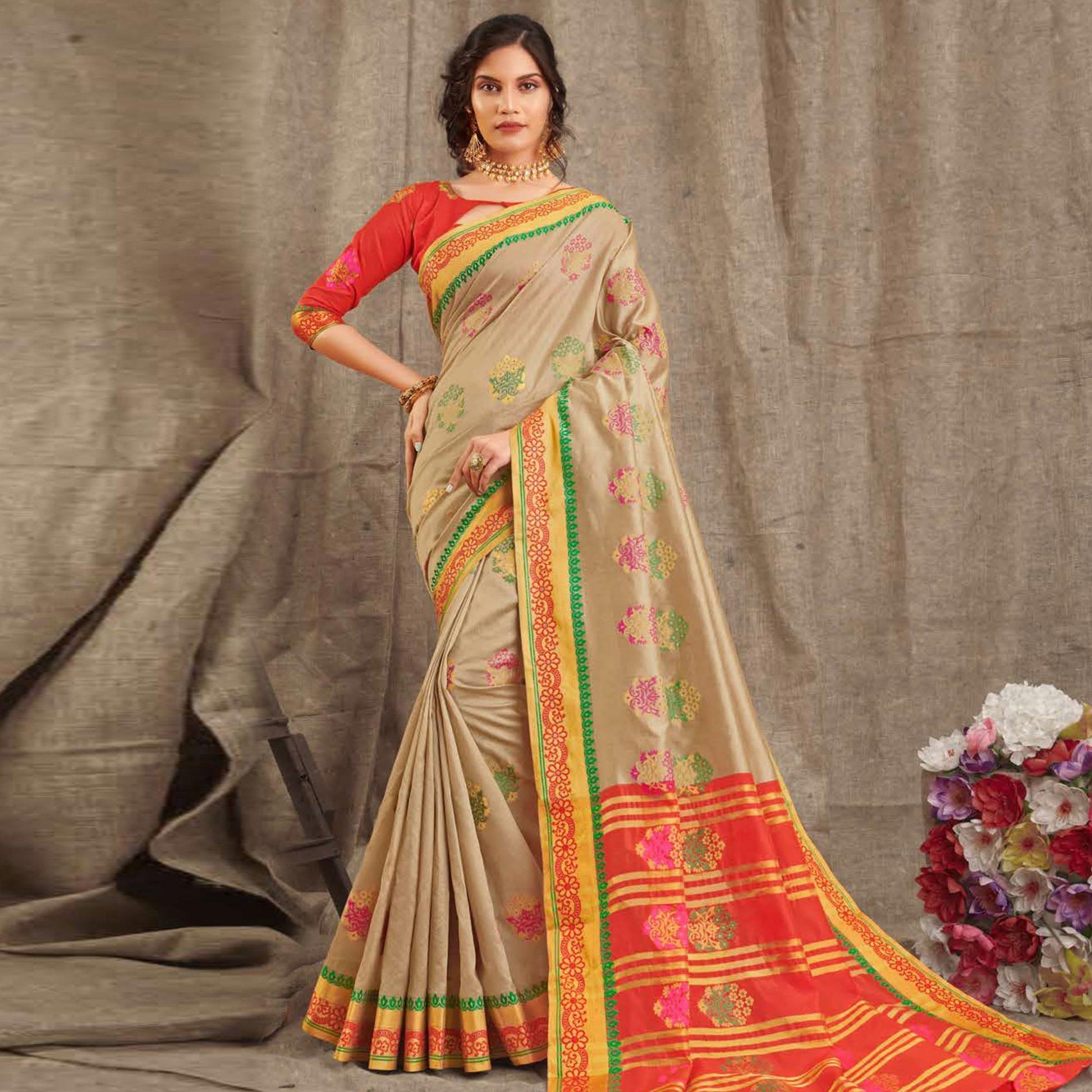 Innovative Beige Colored Festive Wear Woven Cotton Handloom Saree