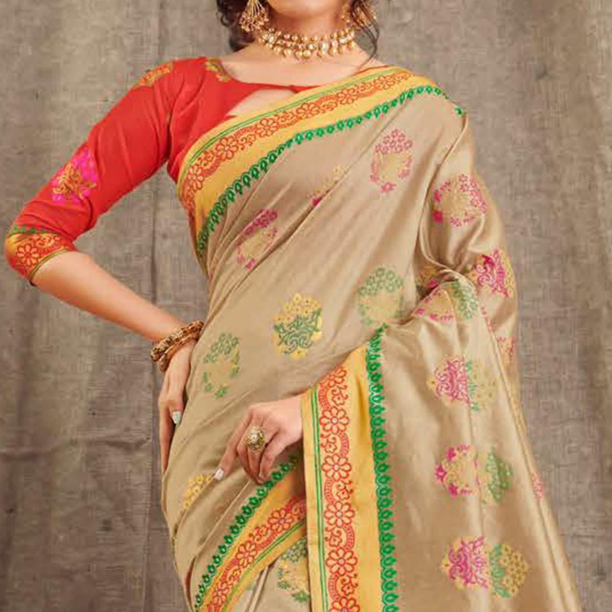 Innovative Beige Colored Festive Wear Woven Cotton Handloom Saree