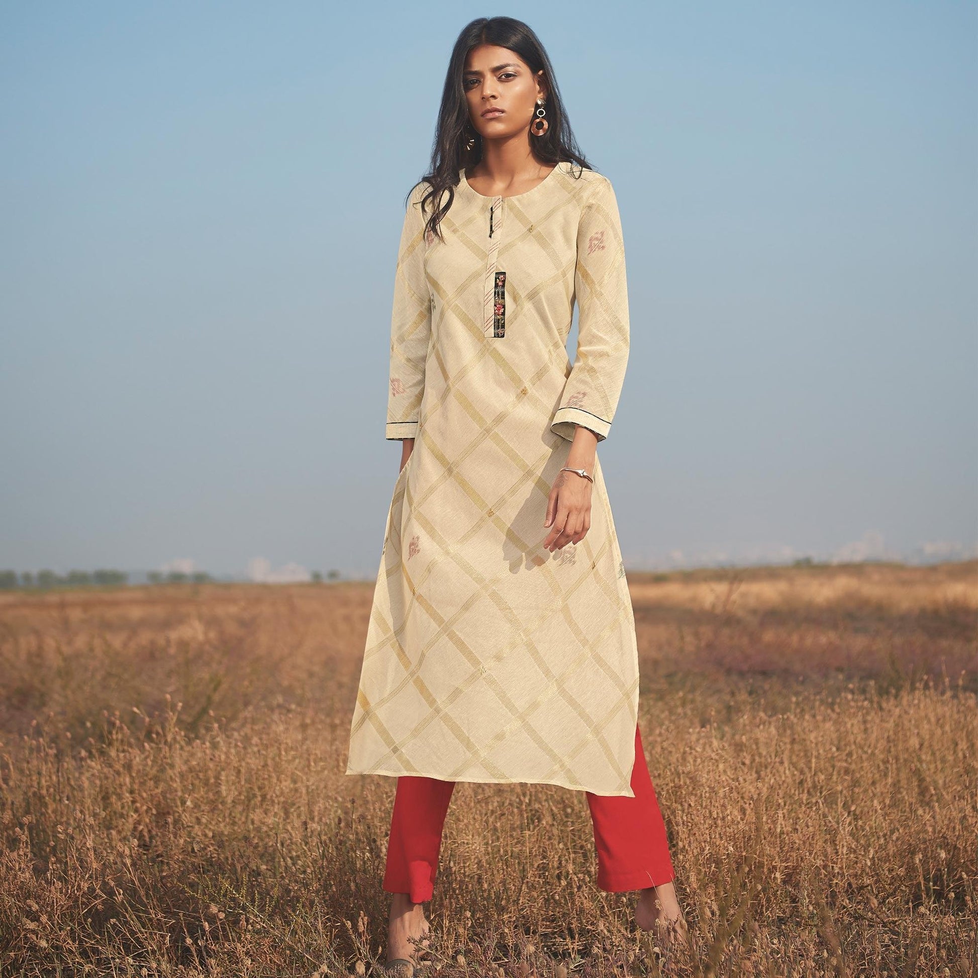 Innovative Beige Colored Party Wear Handwork Handloom Cotton Kurti-Pant Set