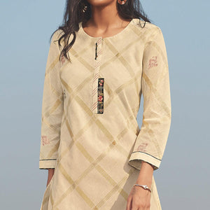 Innovative Beige Colored Party Wear Handwork Handloom Cotton Kurti-Pant Set