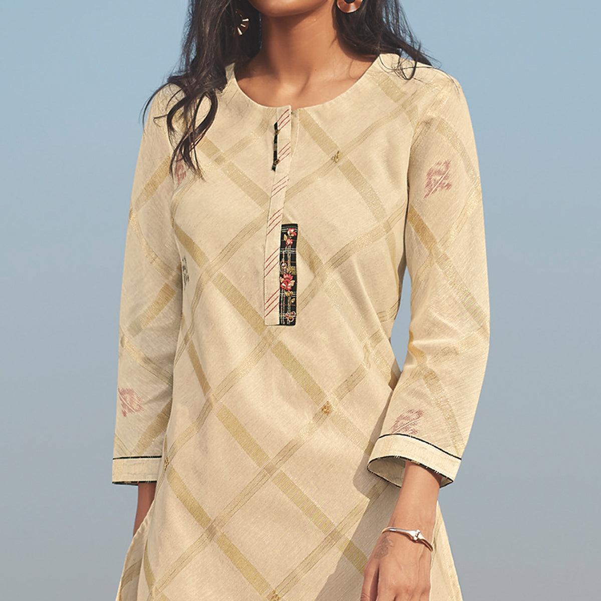 Innovative Beige Colored Party Wear Handwork Handloom Cotton Kurti-Pant Set