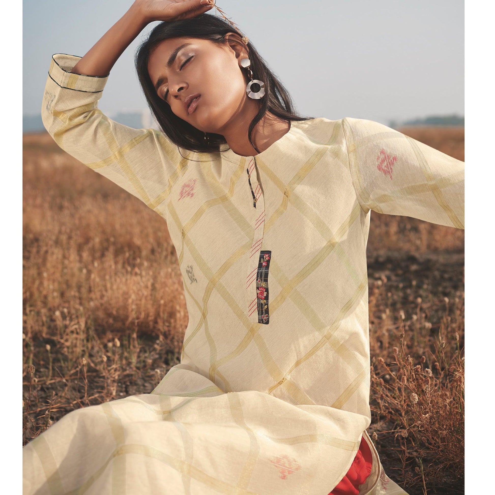 Innovative Beige Colored Party Wear Handwork Handloom Cotton Kurti-Pant Set