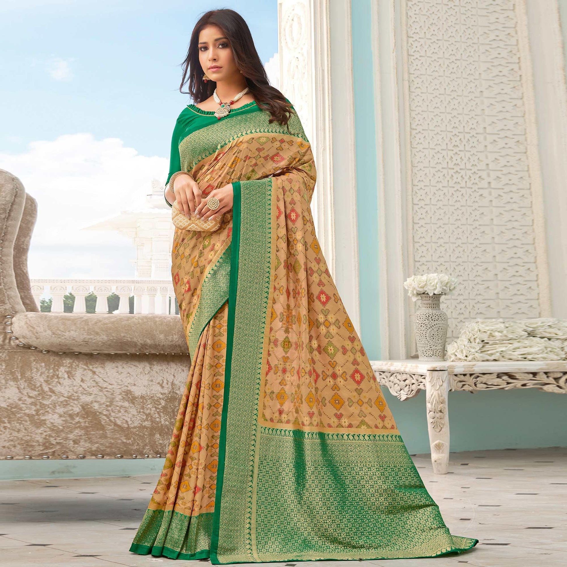 Innovative Beige - Green Colored Festive Wear Woven Pure Handloom Silk Saree