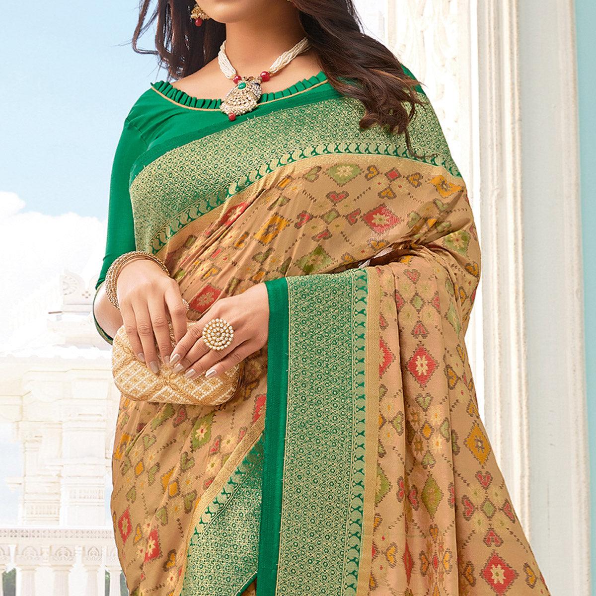 Innovative Beige - Green Colored Festive Wear Woven Pure Handloom Silk Saree