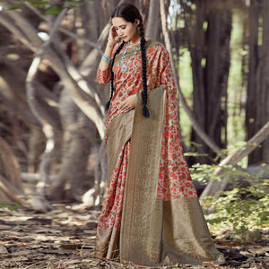 Innovative Beige - Red Colored Festive Wear Digital Printed Silk Saree