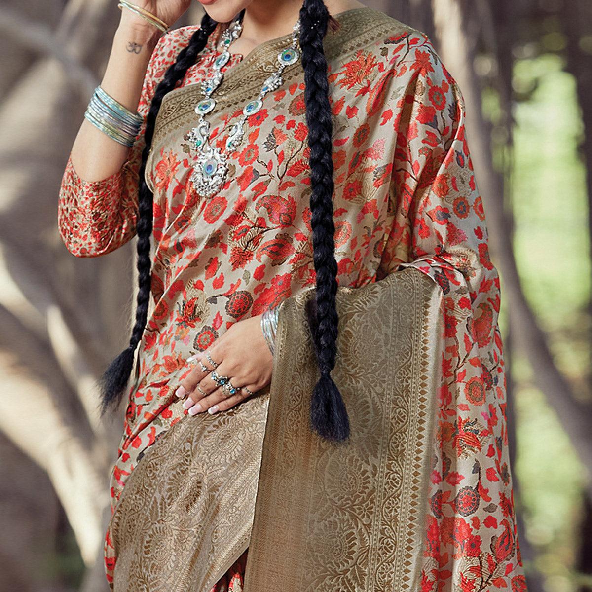 Innovative Beige - Red Colored Festive Wear Digital Printed Silk Saree