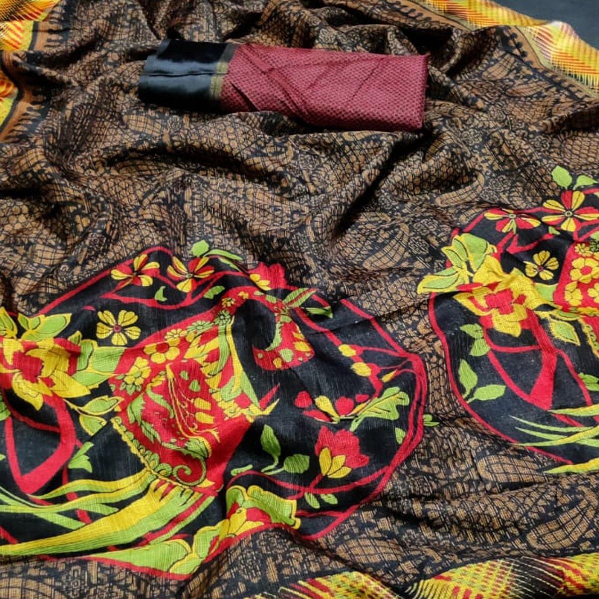 Innovative Black Colored Casual Wear Printed Silk Saree