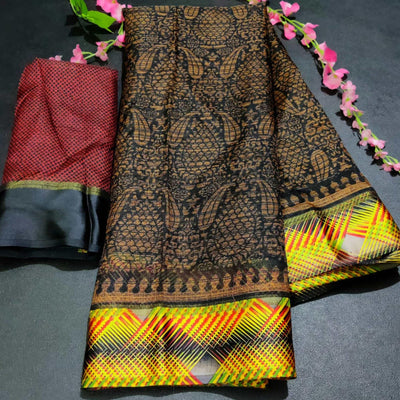 Innovative Black Colored Casual Wear Printed Silk Saree