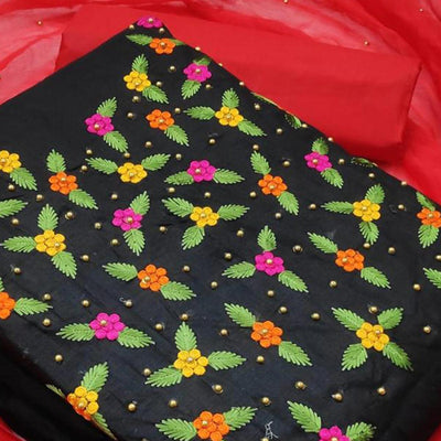Innovative Black - Red Colored Casual Wear Embroidered Cotton Dress Material