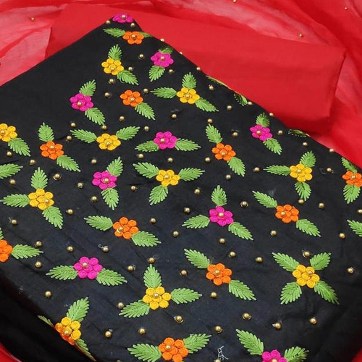 Innovative Black - Red Colored Casual Wear Embroidered Cotton Dress Material