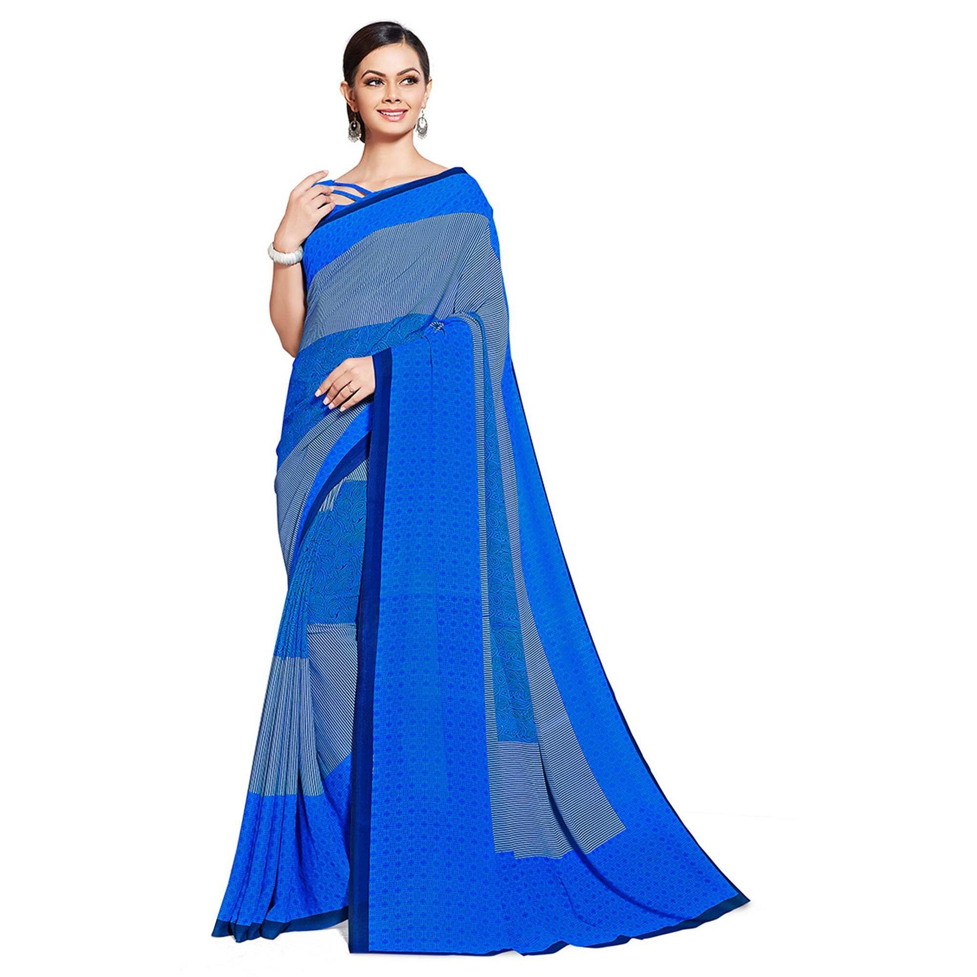 Innovative Blue Colored Casual Printed Georgette Saree