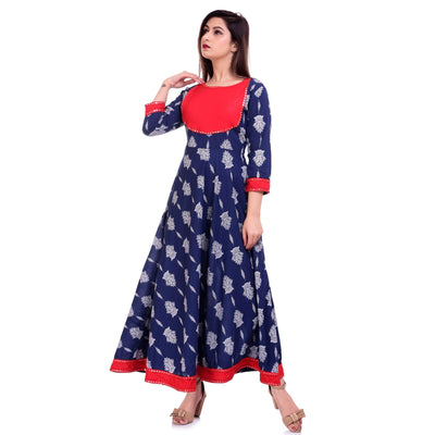Innovative Blue Colored Casual Wear Floral Printed Cotton Kurti