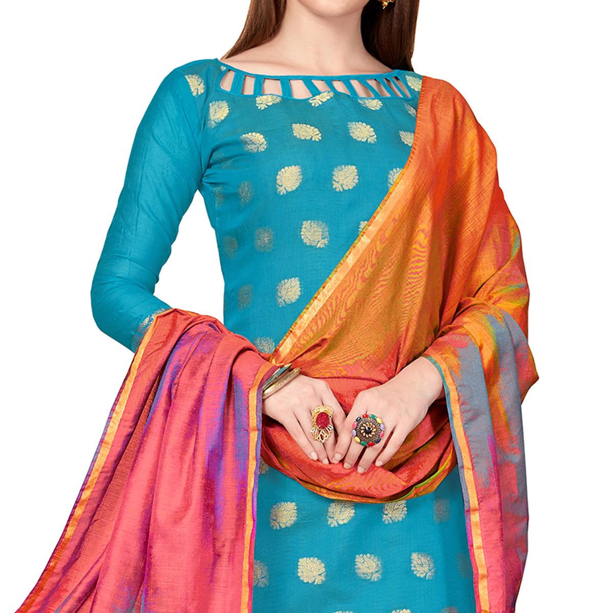 Innovative Blue Colored Casual Wear Woven Banarasi Silk Dress Material