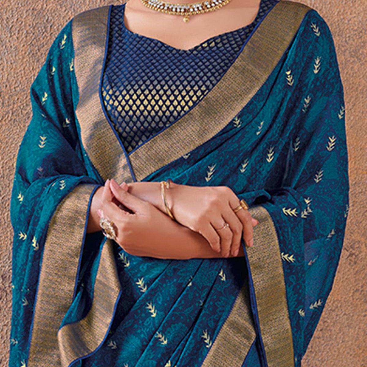 Innovative Blue Colored Festive Wear Foil Printed Georgette Saree