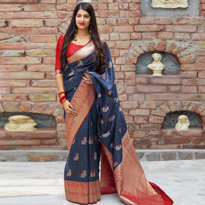 Innovative Blue Colored Festive Wear Woven Banarasi Silk Saree