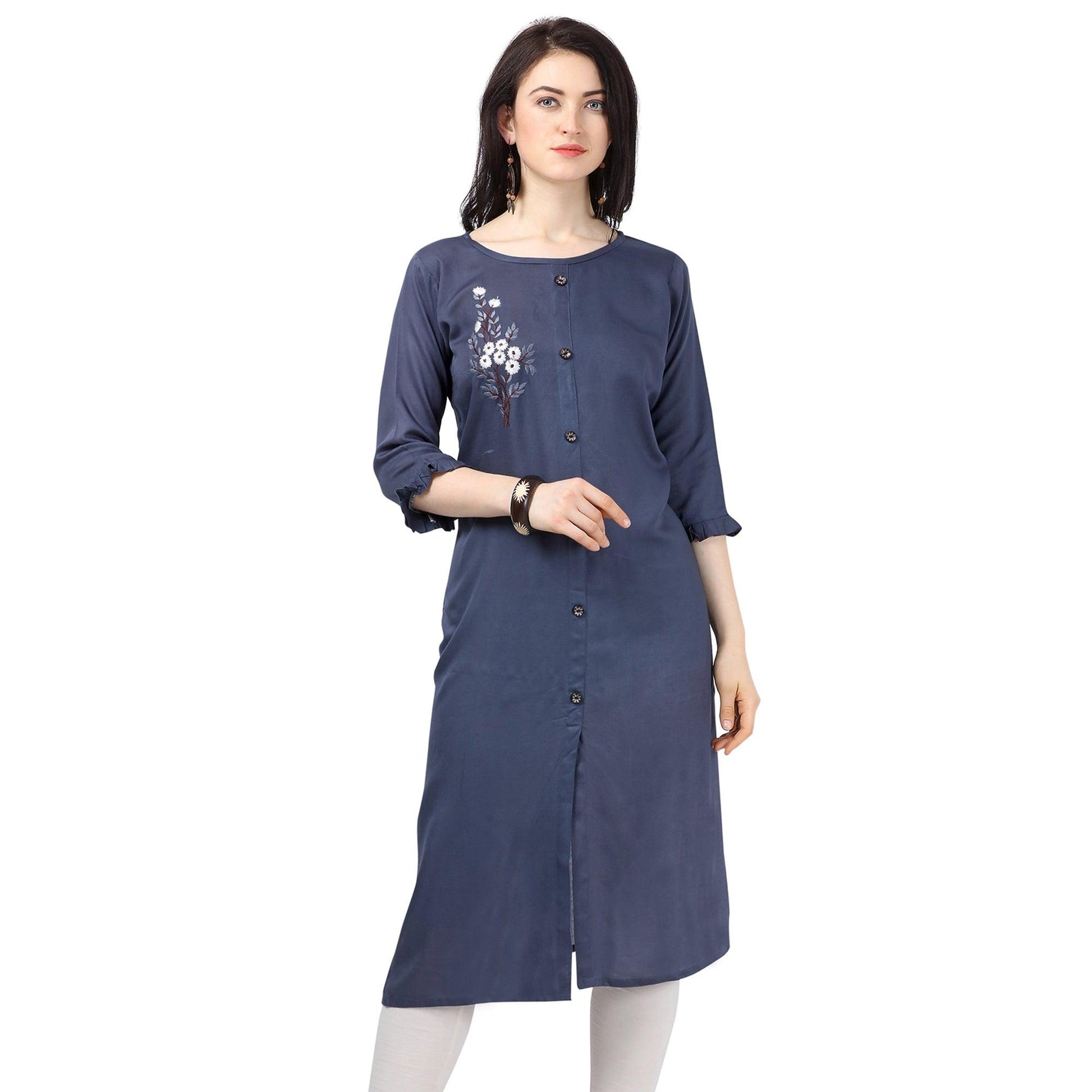 Innovative Blue Colored Partywear Embroidered Rayon Kurti