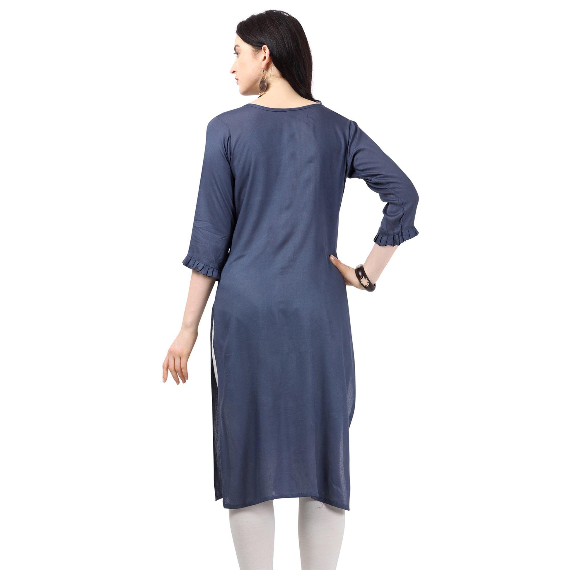 Innovative Blue Colored Partywear Embroidered Rayon Kurti