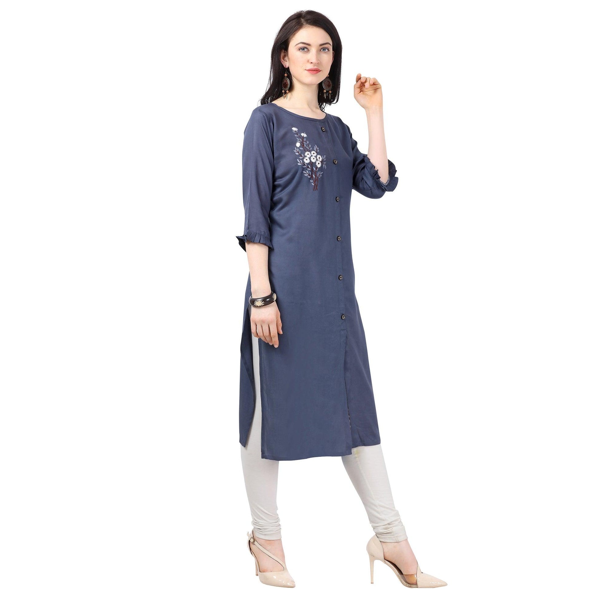 Innovative Blue Colored Partywear Embroidered Rayon Kurti