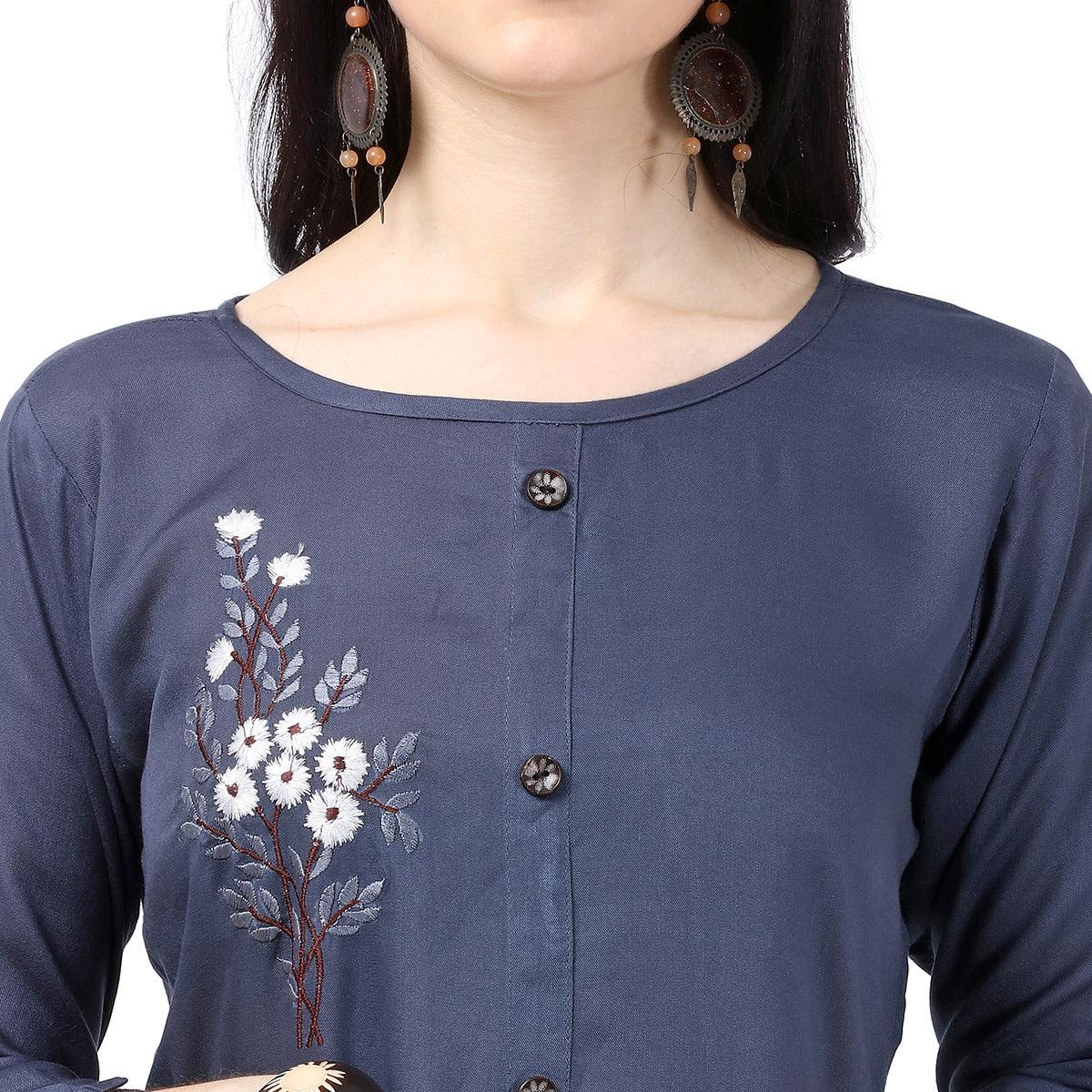 Innovative Blue Colored Partywear Embroidered Rayon Kurti