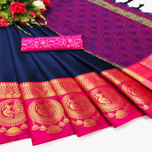 Innovative Blue Coloured Casual Wear Printed Self Cotton Silk Saree