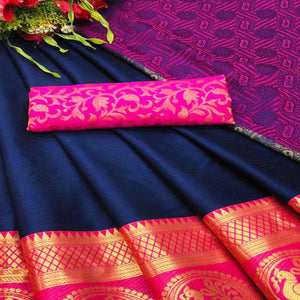 Innovative Blue Coloured Casual Wear Printed Self Cotton Silk Saree