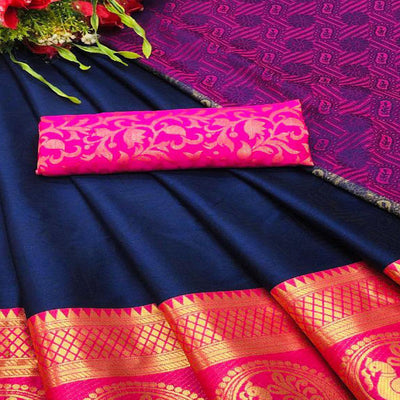 Innovative Blue Coloured Casual Wear Printed Self Cotton Silk Saree