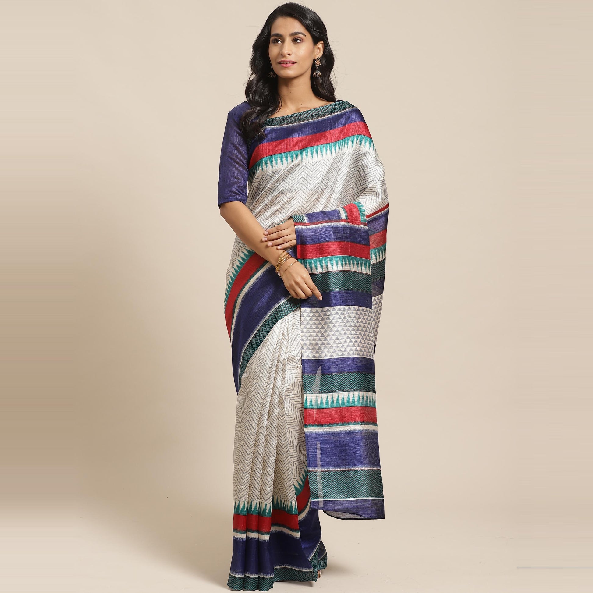 Innovative Cream Colored Casual Wear Printed Art Silk Saree