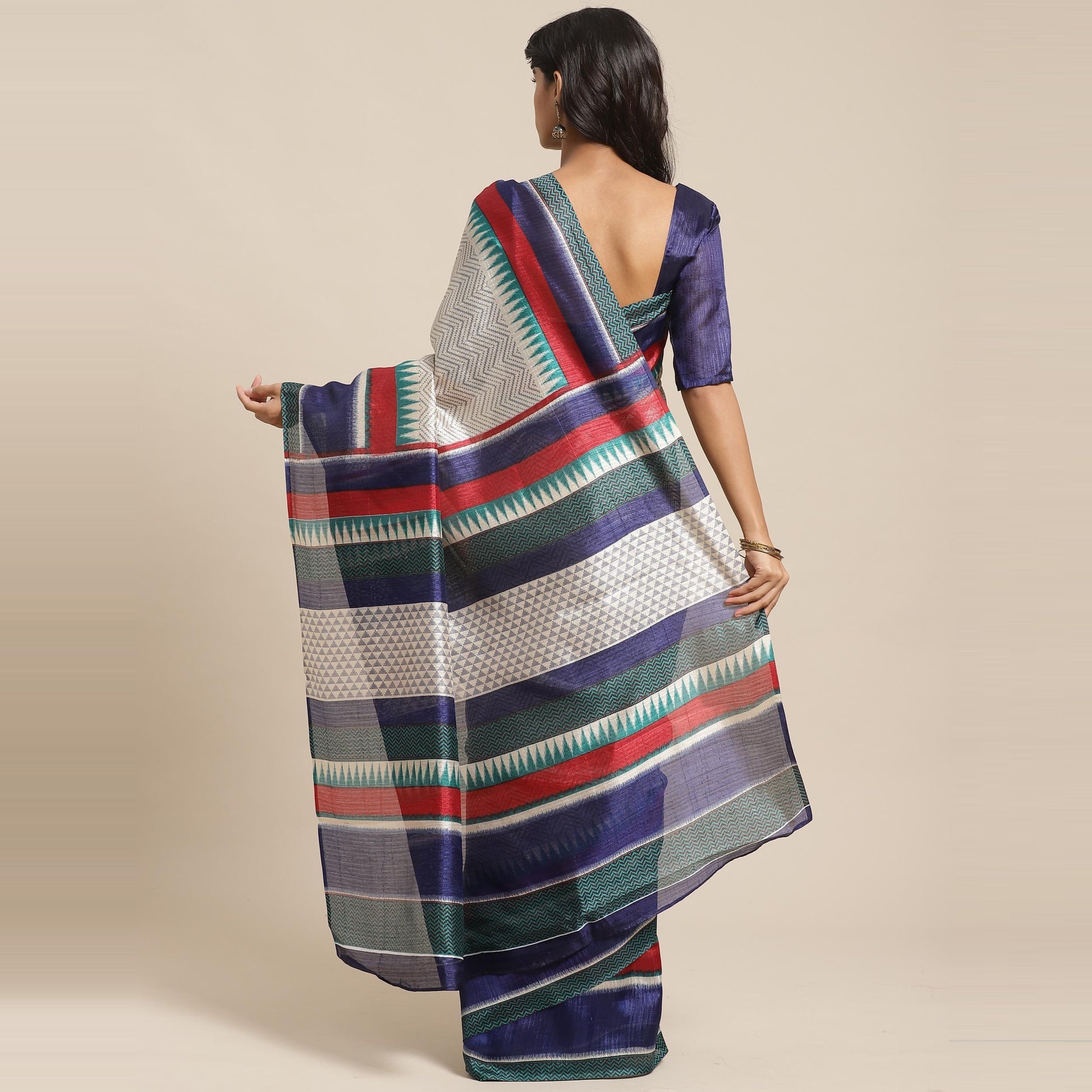 Innovative Cream Colored Casual Wear Printed Art Silk Saree