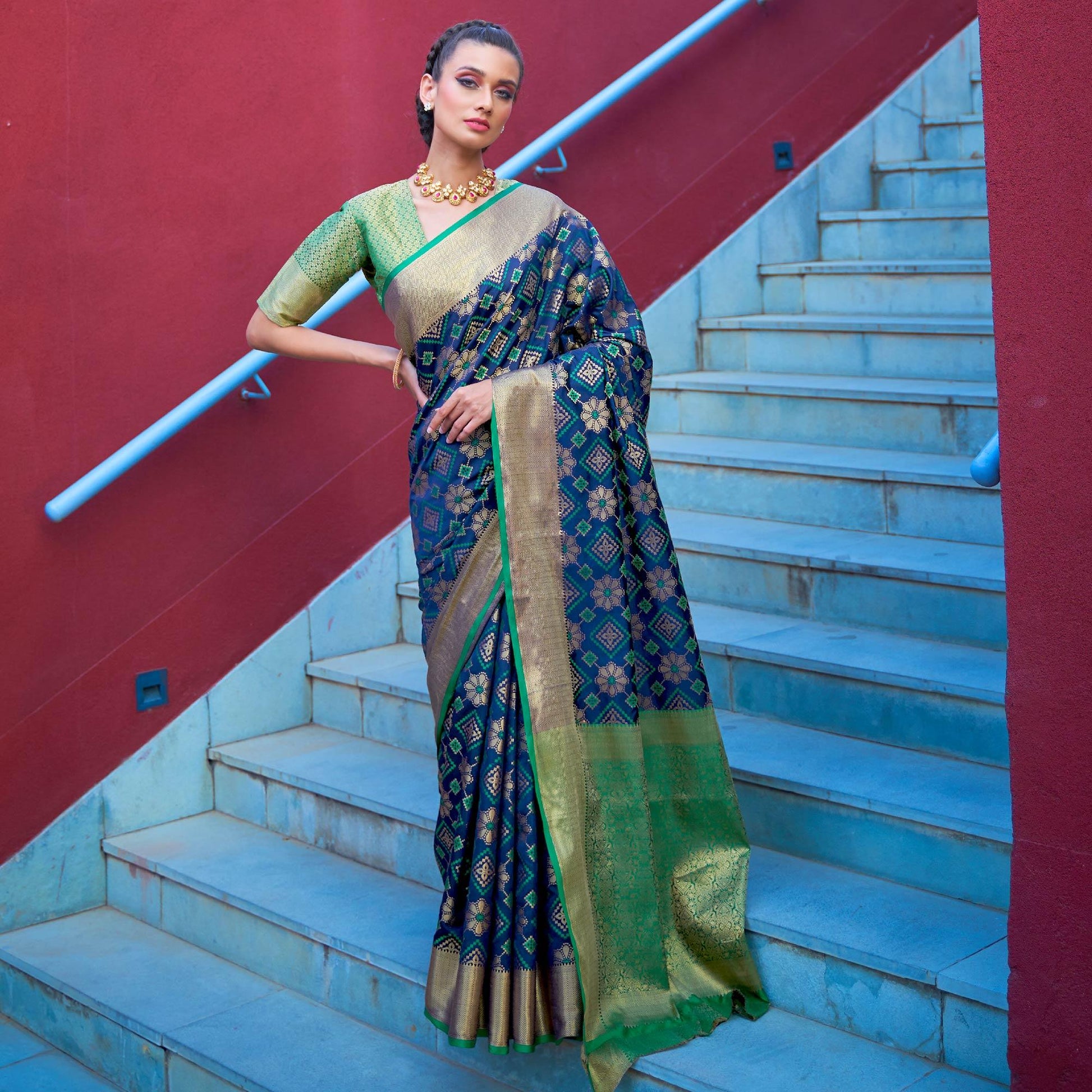 Innovative Dark Blue Colored Festive Wear Woven Silk Saree
