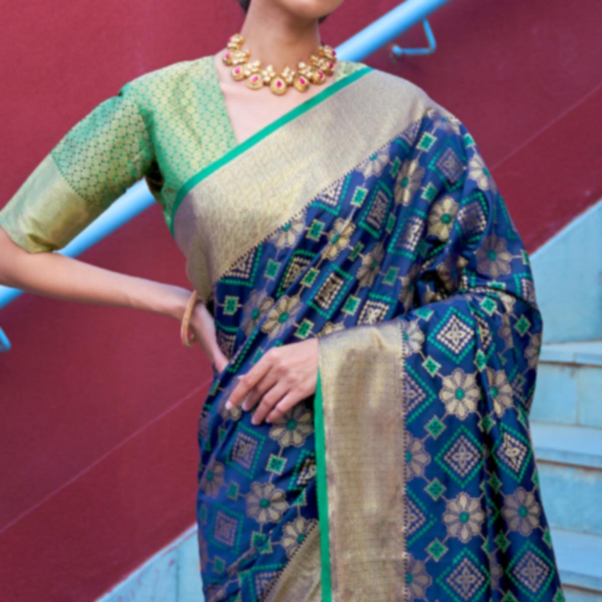 Innovative Dark Blue Colored Festive Wear Woven Silk Saree