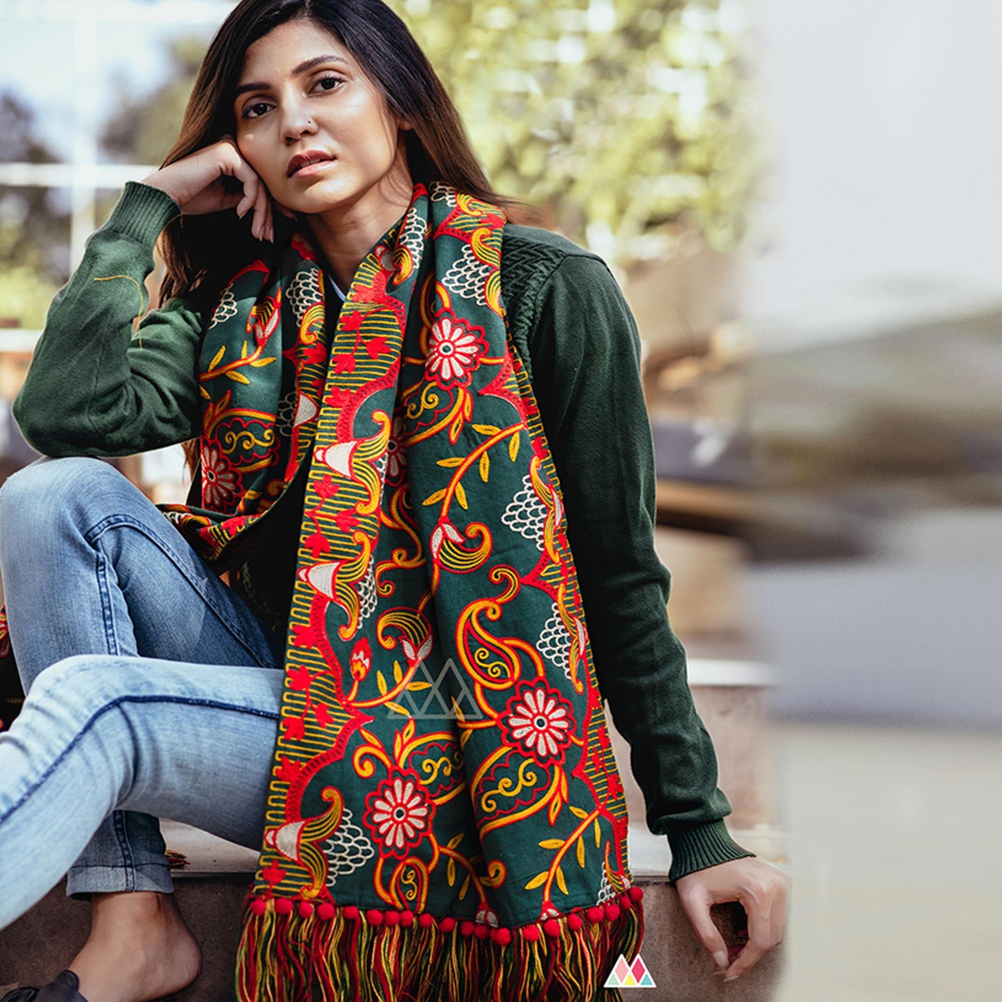 Innovative Dark Green Colored Embroidered Khadi Muffler Stole