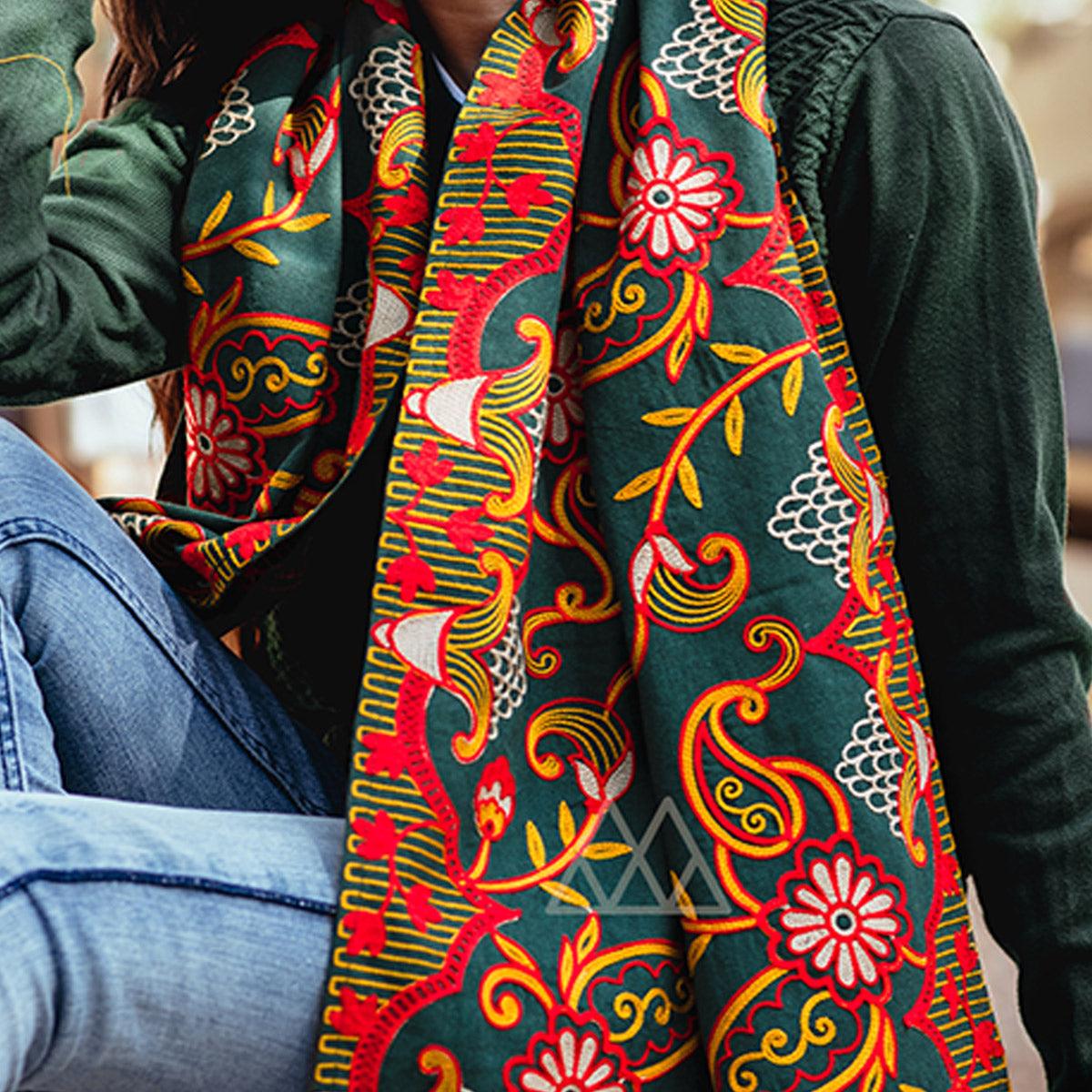 Innovative Dark Green Colored Embroidered Khadi Muffler Stole
