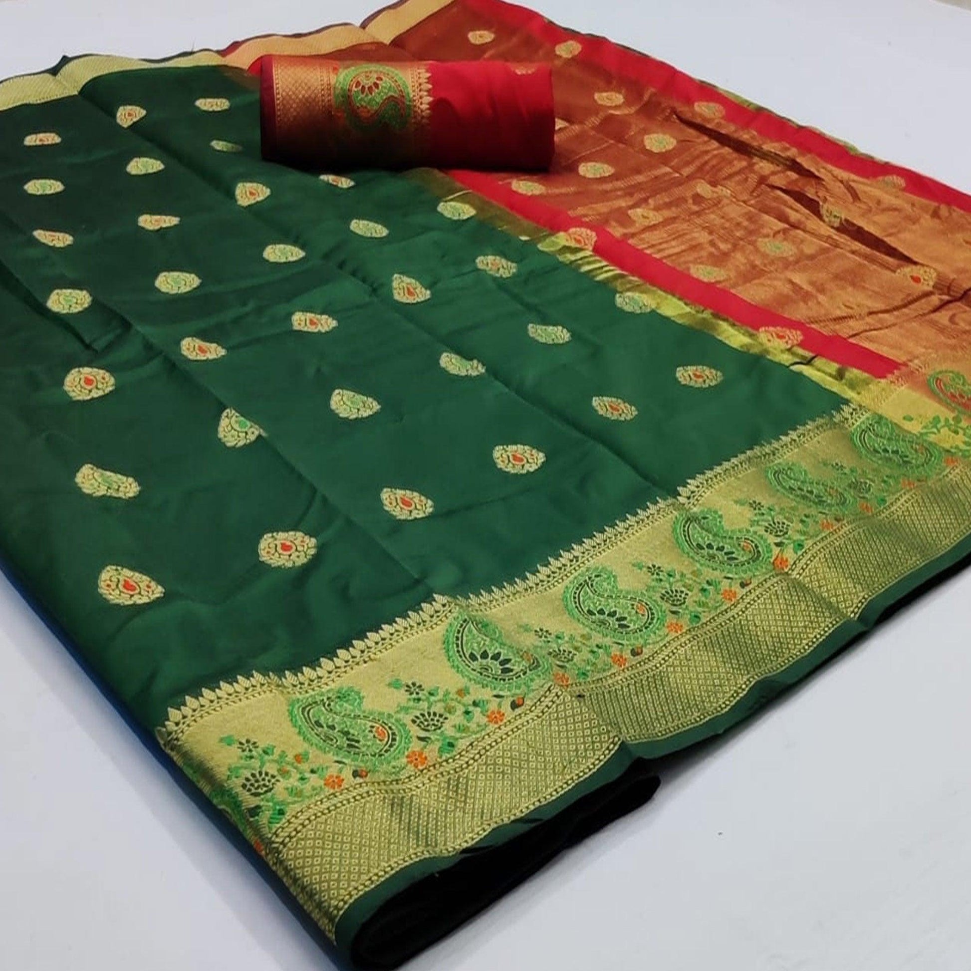Innovative Dark Green Colored Festive Wear Woven Soft Silk Saree