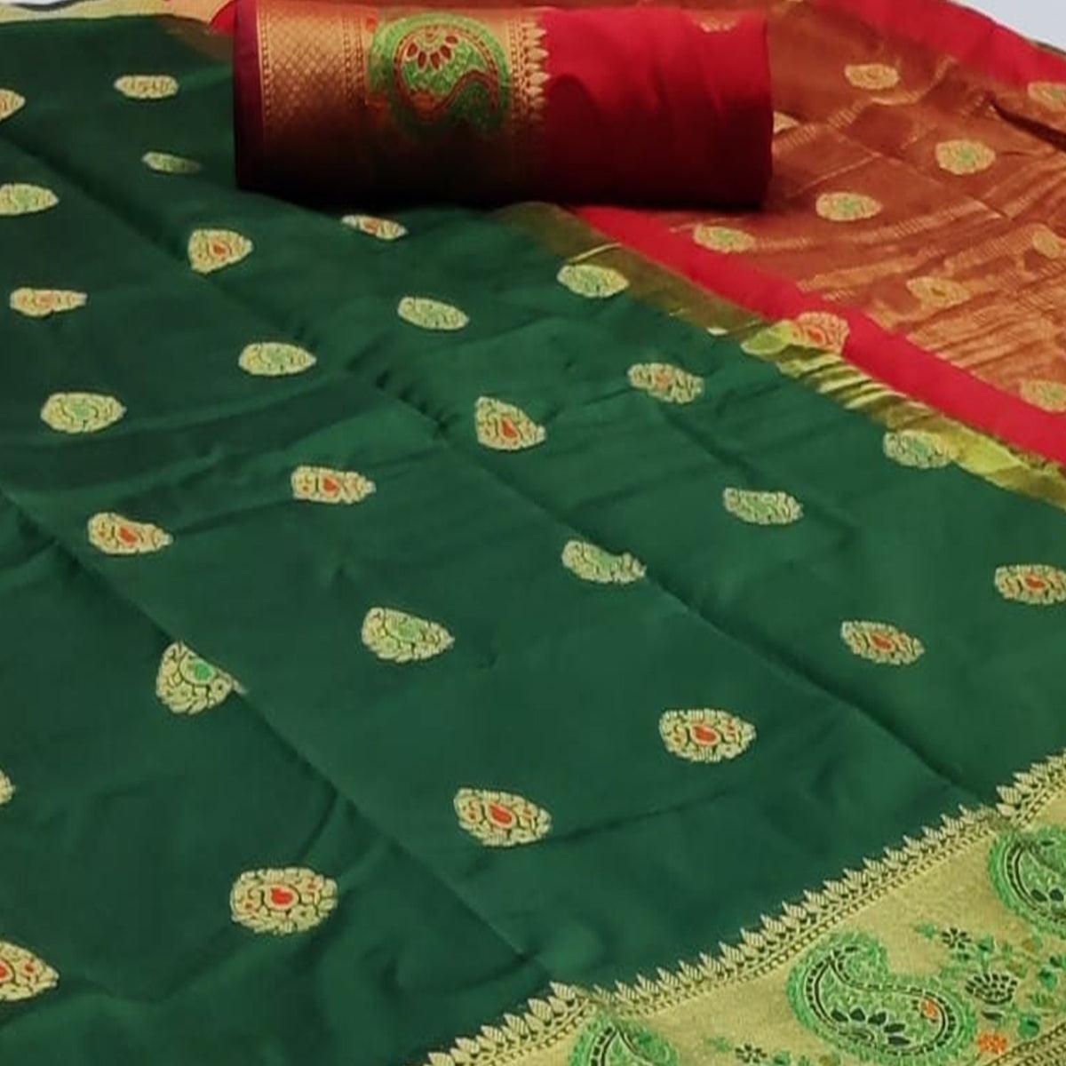 Innovative Dark Green Colored Festive Wear Woven Soft Silk Saree