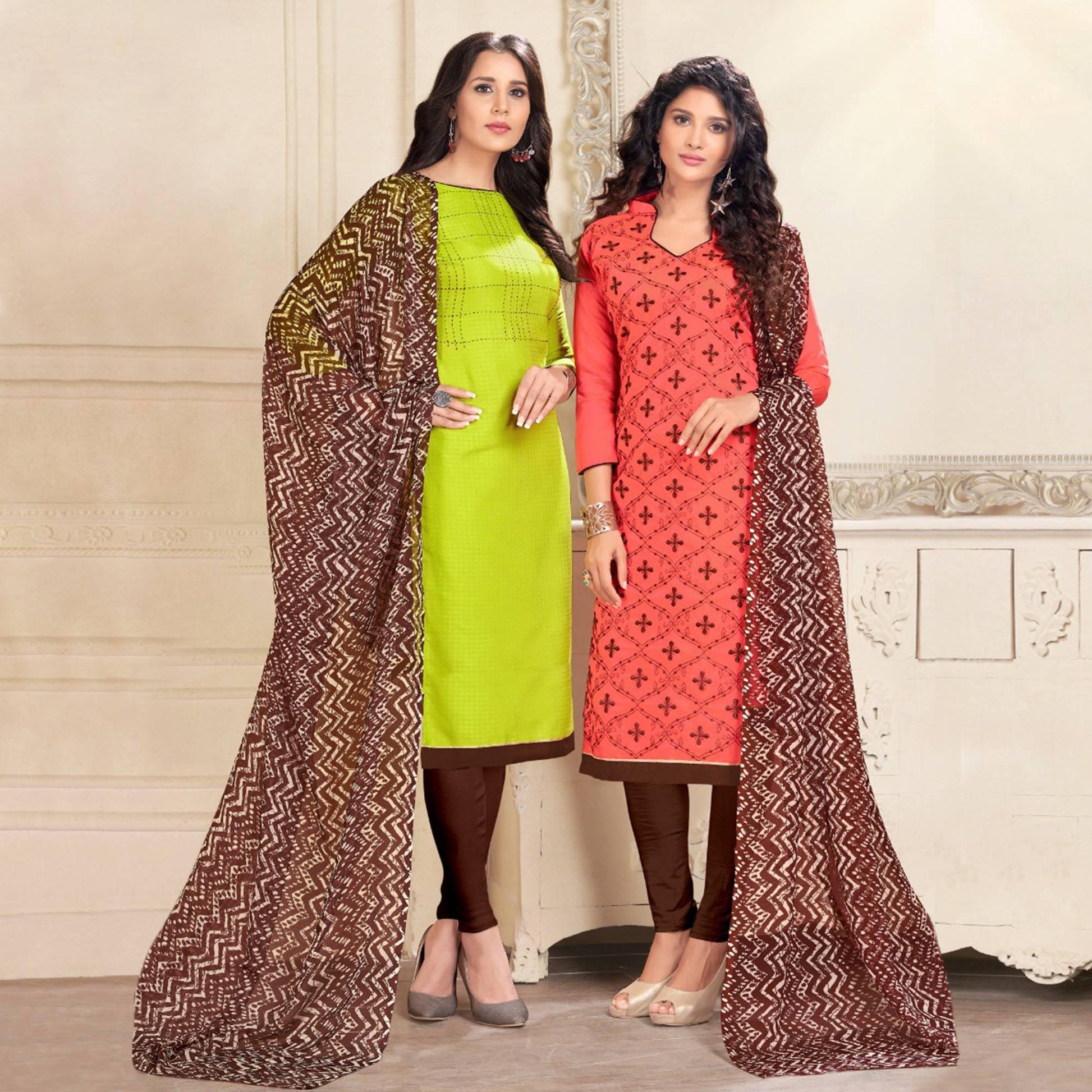 Innovative Green And Pink Colored Dual Top Chanderi - Cotton Dress Material