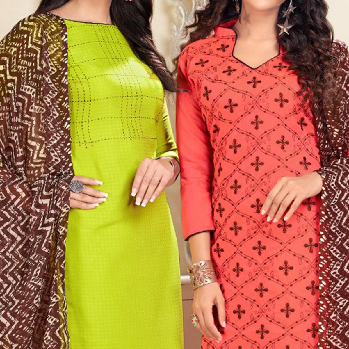 Innovative Green And Pink Colored Dual Top Chanderi - Cotton Dress Material